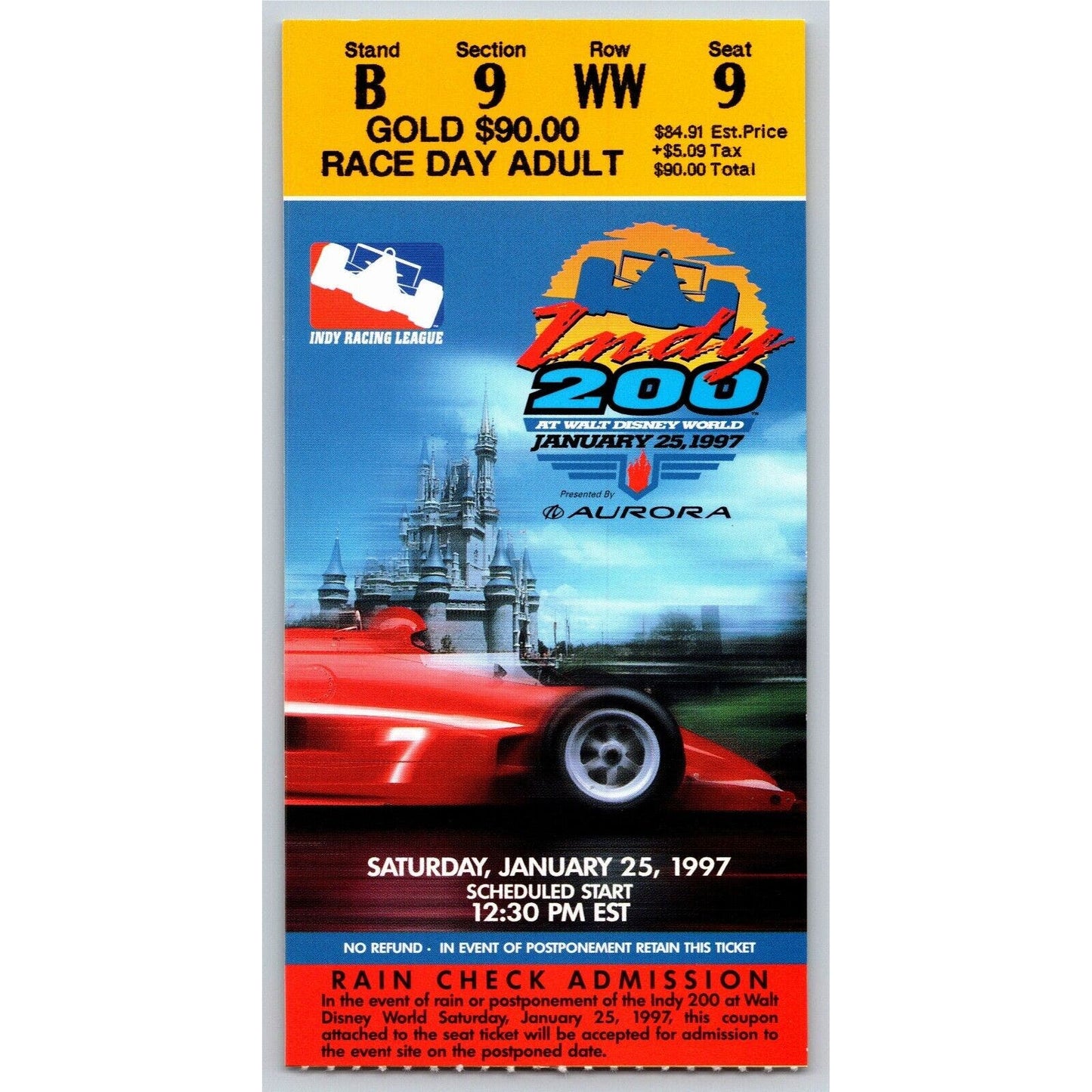 1997 Indy 200 Walt Disney World Saturday 1/25 Race Day Ticket Stub - Seat 9