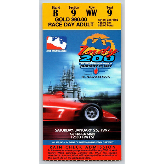 1997 Indy 200 Walt Disney World Saturday 1/25 Race Day Ticket Stub - Seat 9