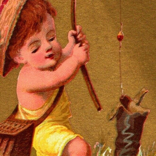 Gilt "Avril" Child Fishing Boot Catch (Soapine) Unmarked Victorian Trade Card
