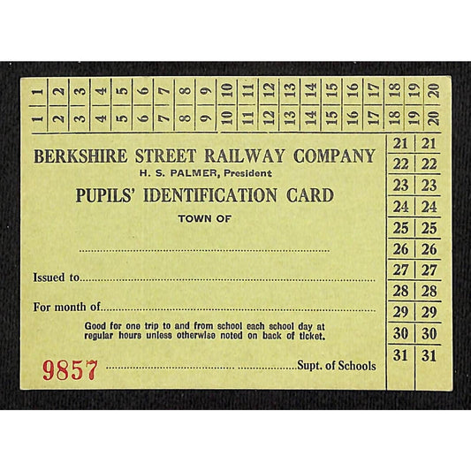 Berkshire Street Railway (1902-1941) NOS Pupils Identification Card #9857 Scarce