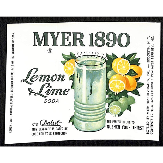 Myer 1890 Lemon & Lime Soda Brooklyn Paper Soda Label c1960 Scarce - VGC