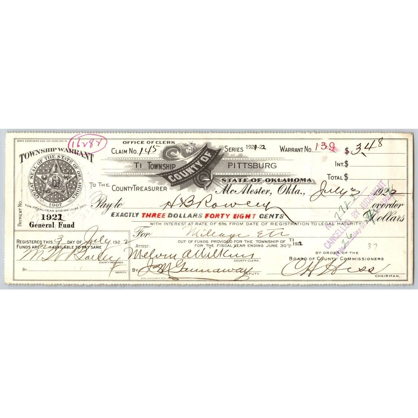 McAlester, Oklahoma 1921 County Treasurer Township Warrant $3.48 Scarce VGC