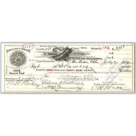 McAlester, Oklahoma 1921 County Treasurer Township Warrant $3.48 Scarce VGC