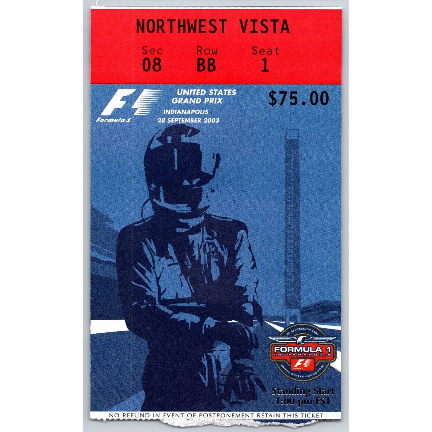 2003 Indianapolis Formula One Grand Prix Racing Ticket Stub 9/28 VGC Seat 1
