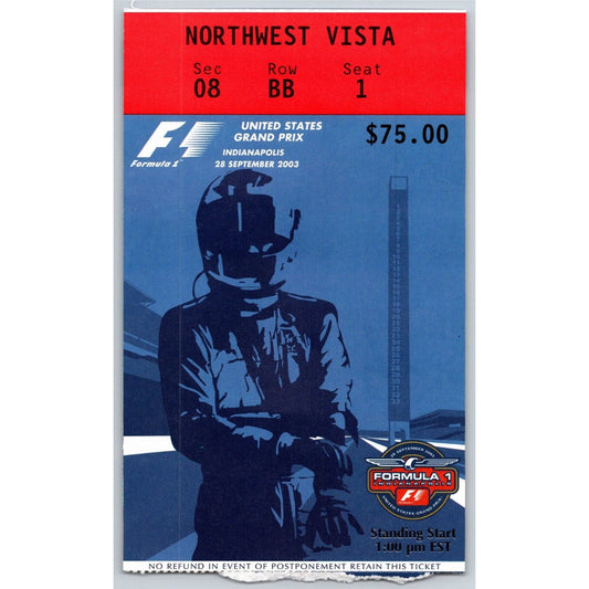 2003 Indianapolis Formula One Grand Prix Racing Ticket Stub 9/28 VGC Seat 1