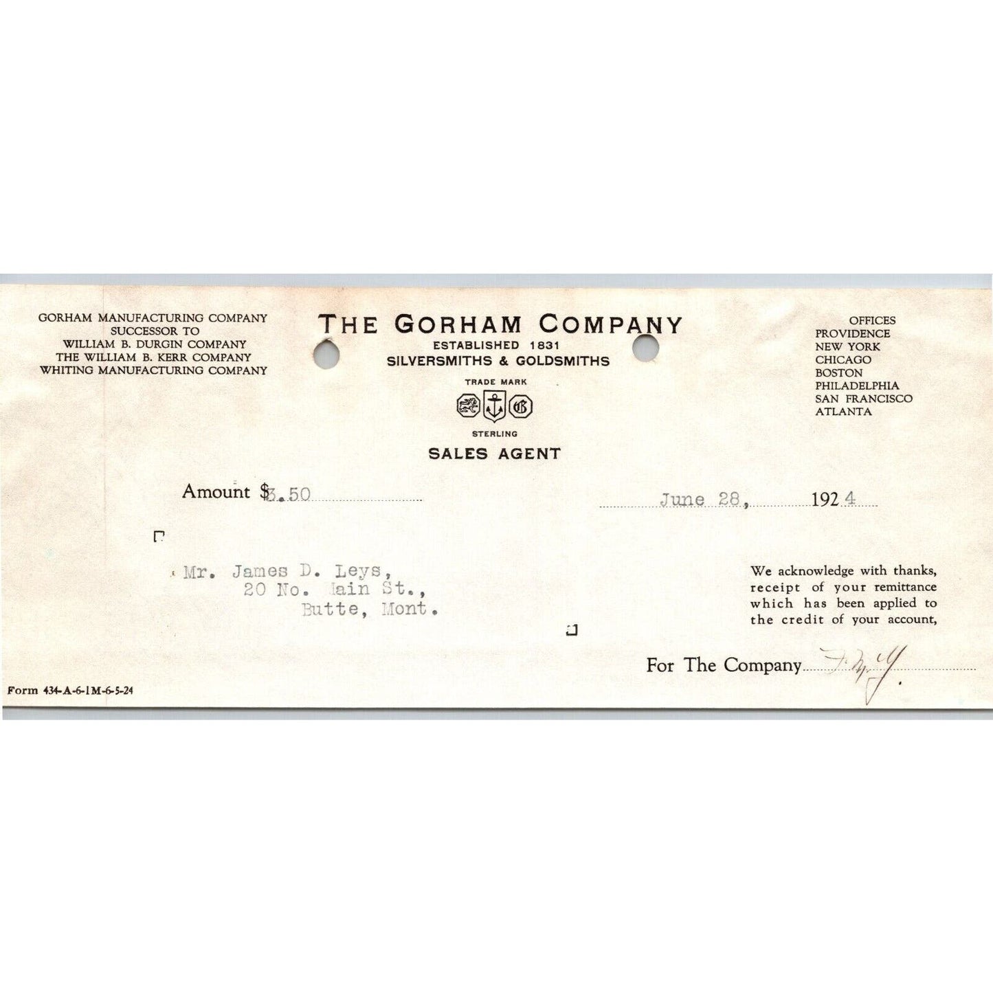 Gorham Company Silversmiths Goldsmiths 1924 "Leys" - Billhead Receipt
