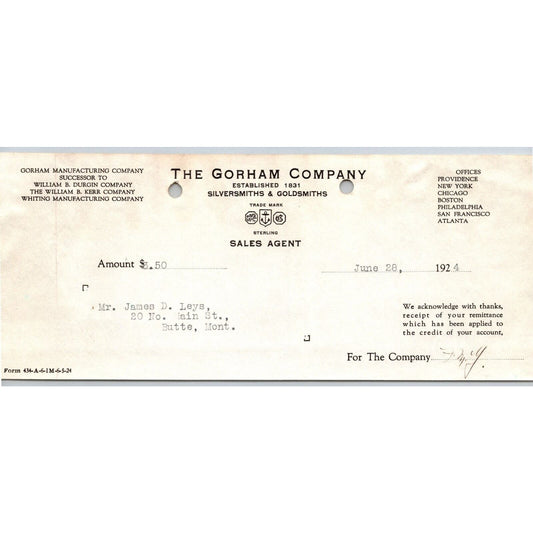 Gorham Company Silversmiths Goldsmiths 1924 "Leys" - Billhead Receipt