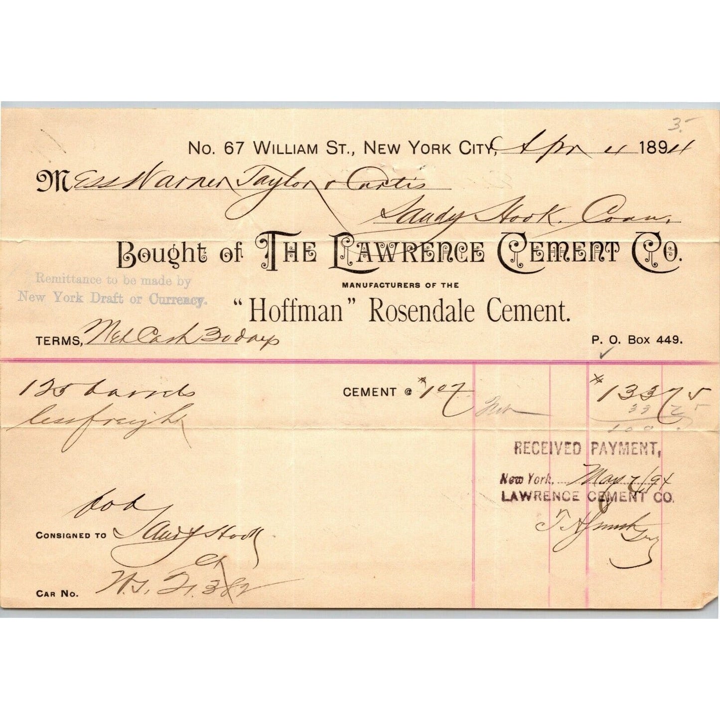 The Lawrence Cement Co. NY to Warner, Taylor & Curtis Sandy Hook Letterhead 1894