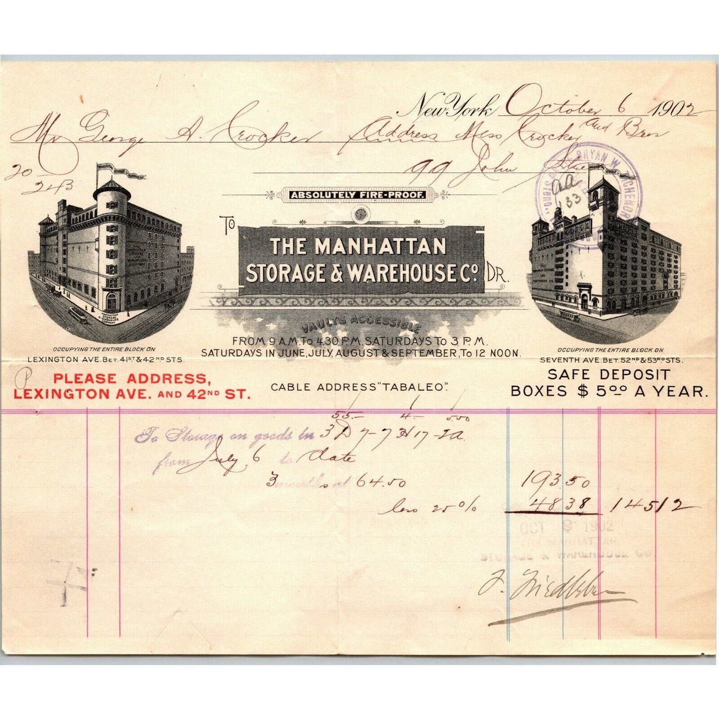 1902 Manhattan Storage Warehouse Co Crocker Bros Letterhead 52nd St 7th Ave NYC