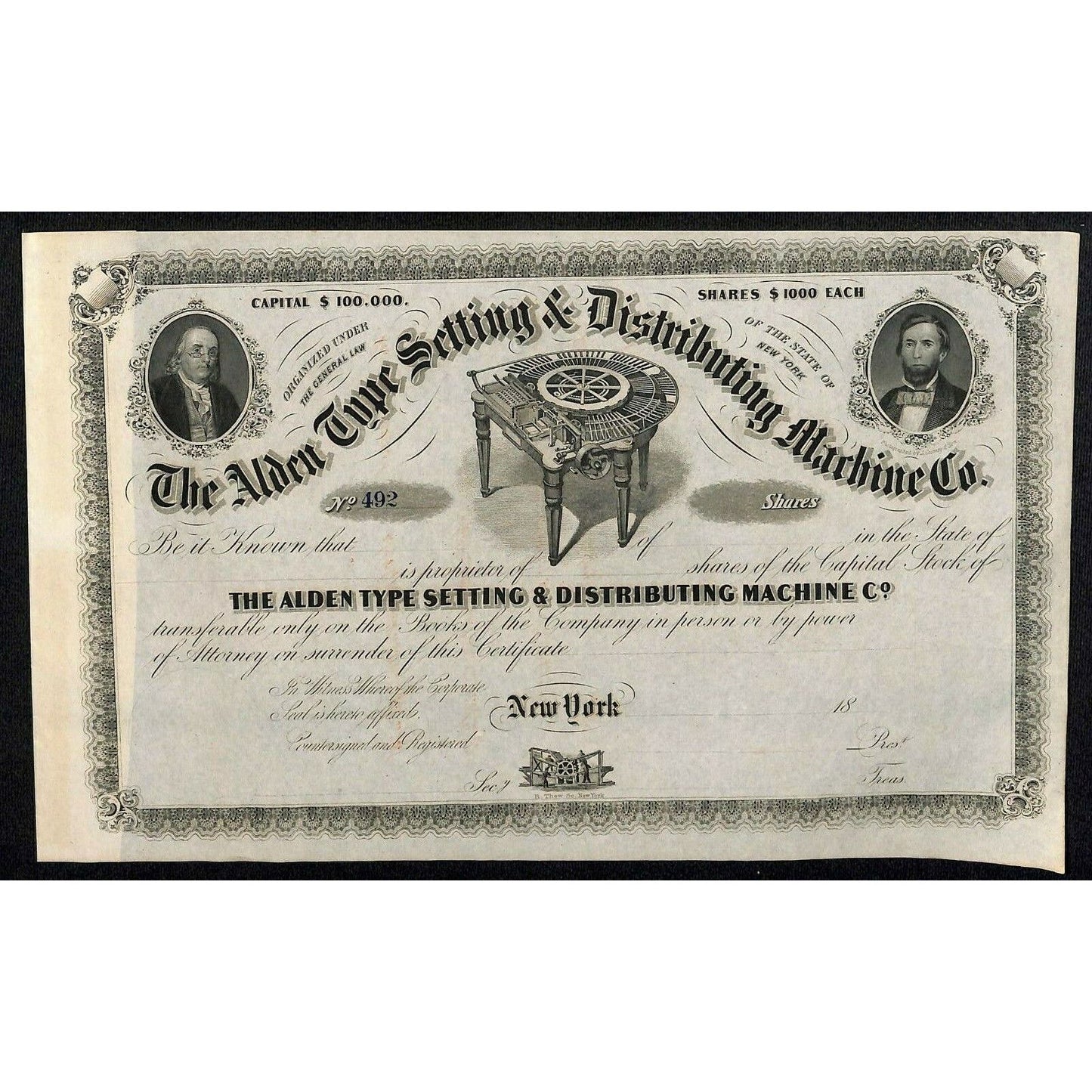 Scarce c1860's-70's "Alden Type Setting & Dist. Machine Co." Stock Certificate