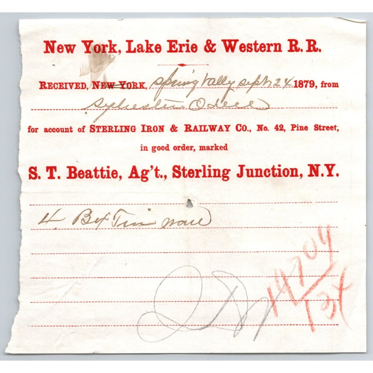 New York, Lake Erie & Western R.R. 1879 Railroad Freight Billhead