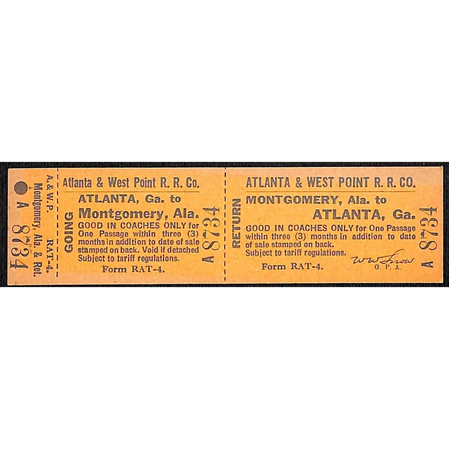 Atlanta & West Point Railroad Unused Ticket w/ Stub Montgomery, GA #3734 VOID*
