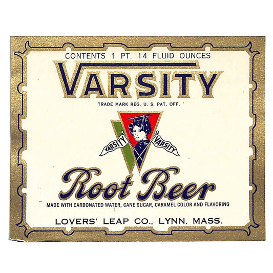 Lovers Leap Varsity Root Beer Paper Label Lynn, MASS. NOS Scarce VGC