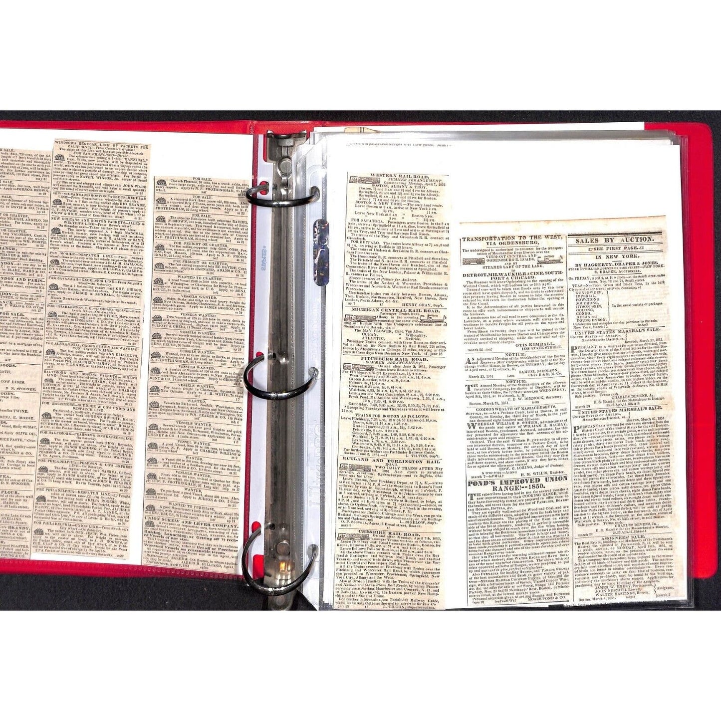 Binder of 140+ Mostly 1851 Railroad & Steam Boat Schedule Newspaper Clippings