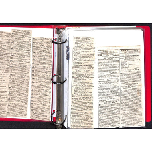 Binder of 140+ Mostly 1851 Railroad & Steam Boat Schedule Newspaper Clippings