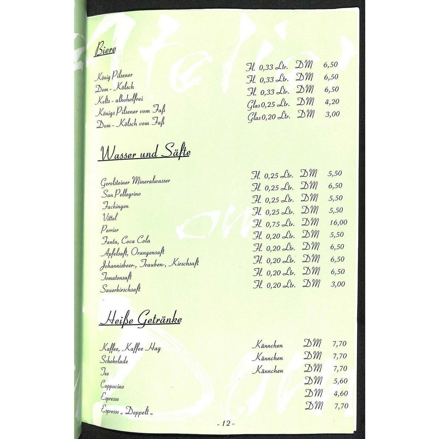 Dom-Hotel Koln-Cologne Restaurant Menu c1996 "Atelier on Dom"