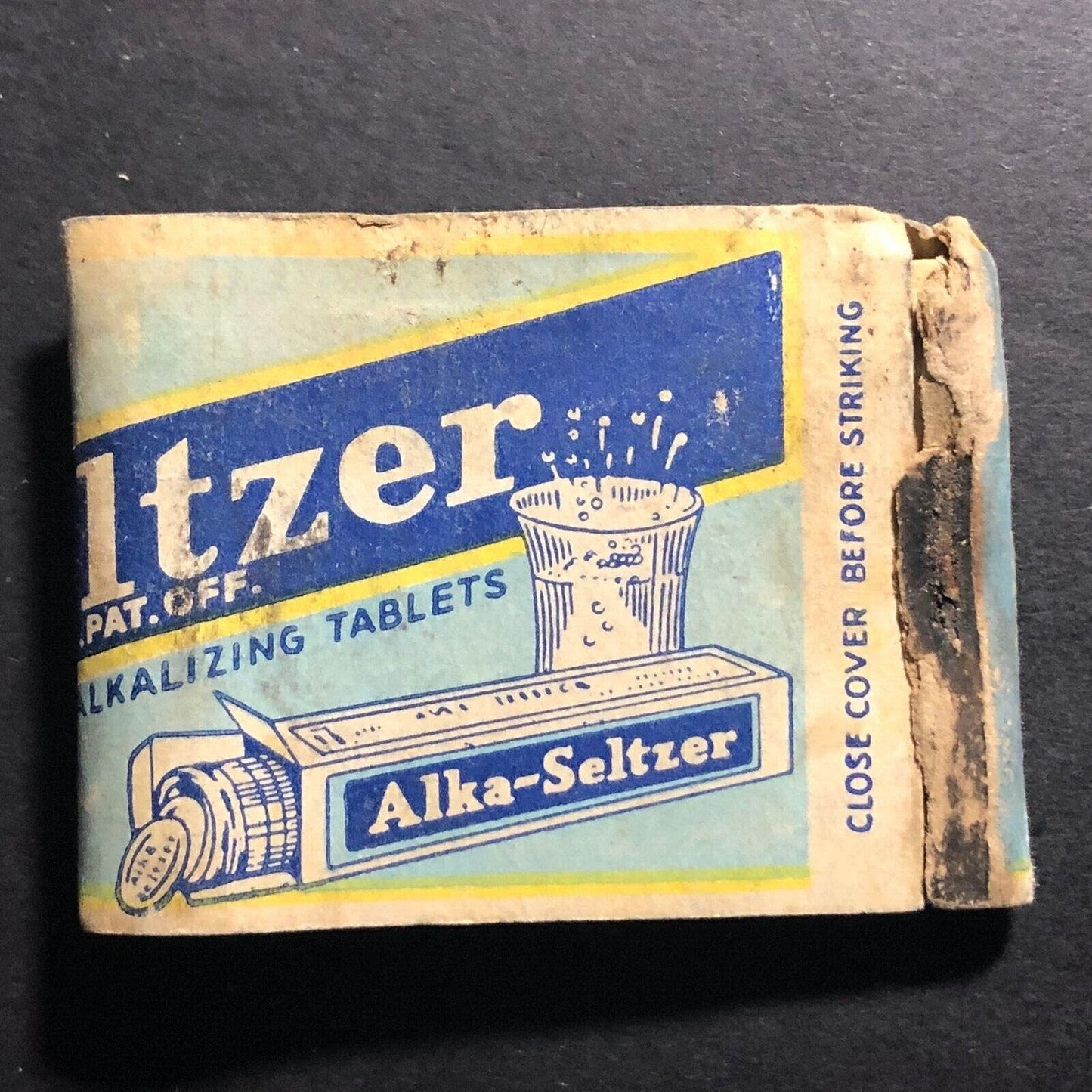Alka-Seltzer Tablets Matchbook c1940's-50's Full 20-Strike Damage