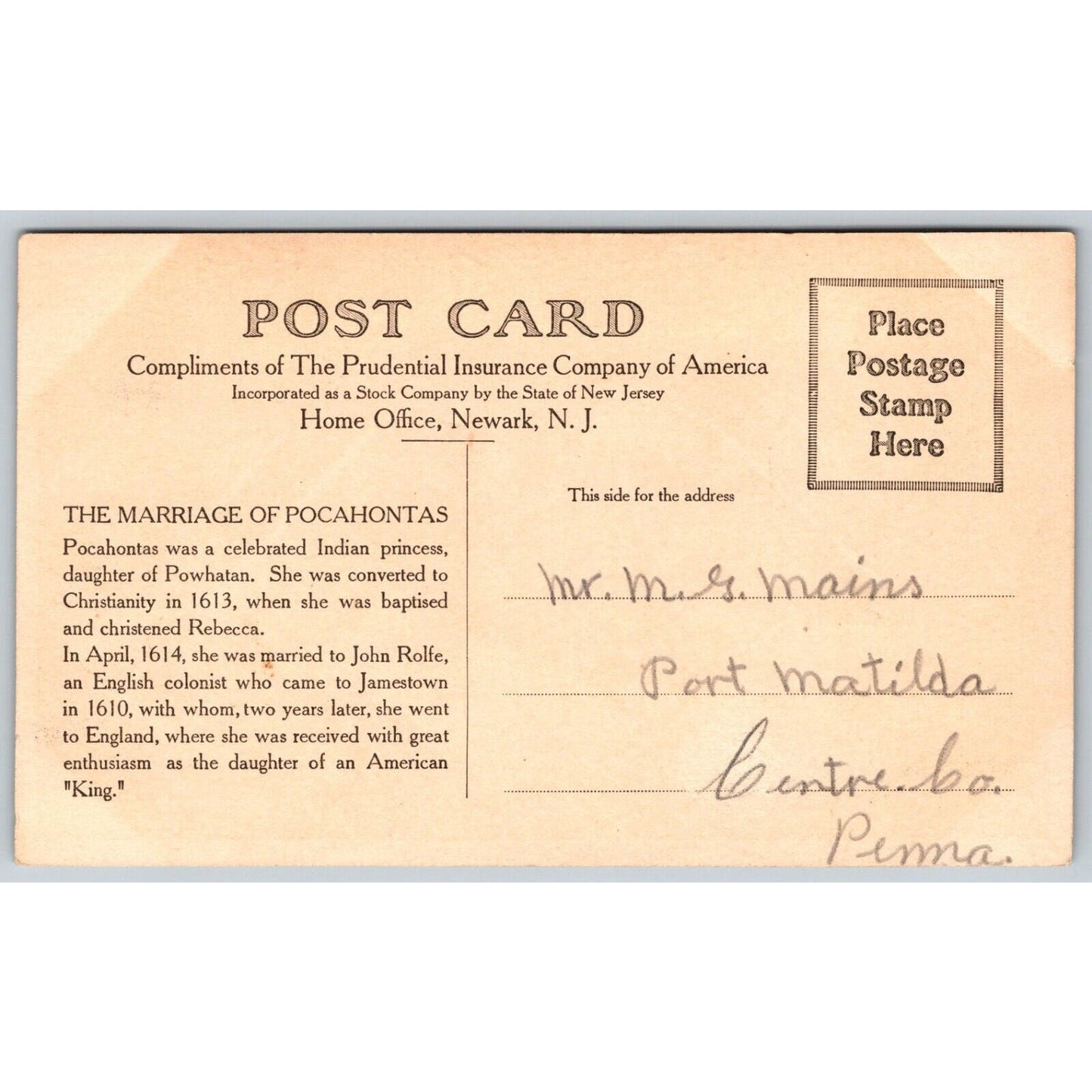 "Marriage of Pocahontas" Prudential Ins. Advertising Postcard c1911