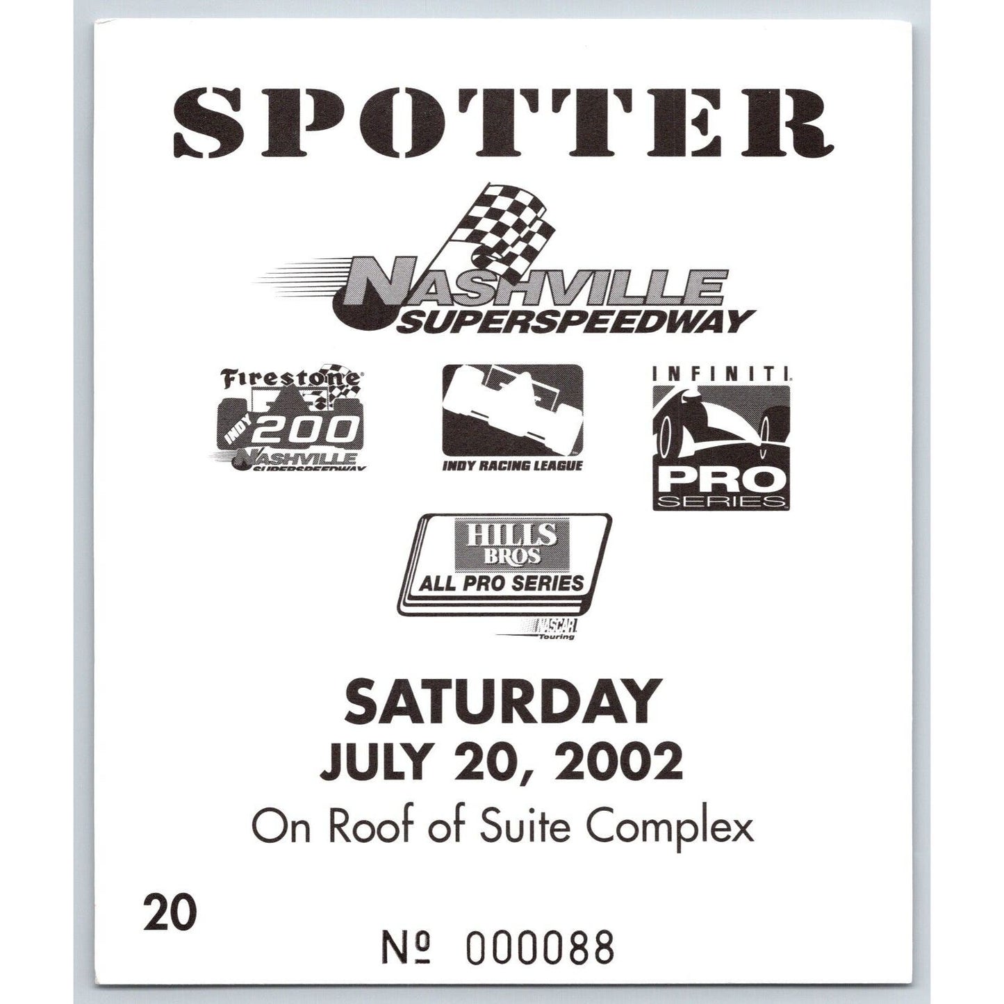 2002 Nashville Superspeedway Spotter ID Card 7/20 #88 Scarce