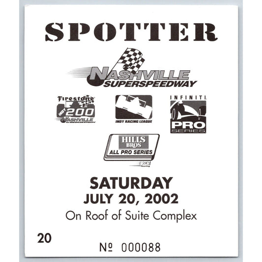 2002 Nashville Superspeedway Spotter ID Card 7/20 #88 Scarce