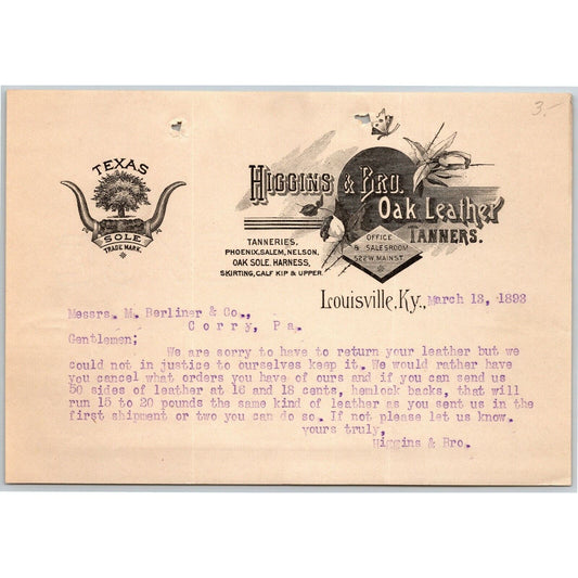 Higgins & Bro. 1893 Letterhead Louisville, KY - Oak Leather Tanners Texas Sole