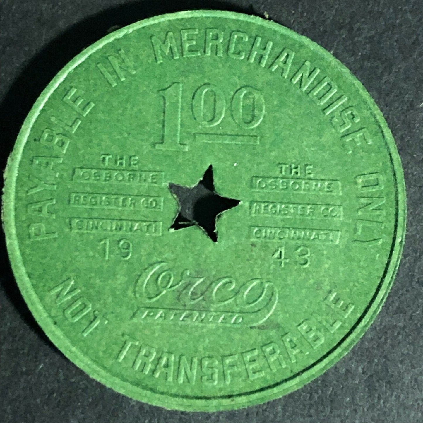 Merrill Stores Henlawson, W. VA - Green Fiber $1 Token 31.8mm Star Cutout