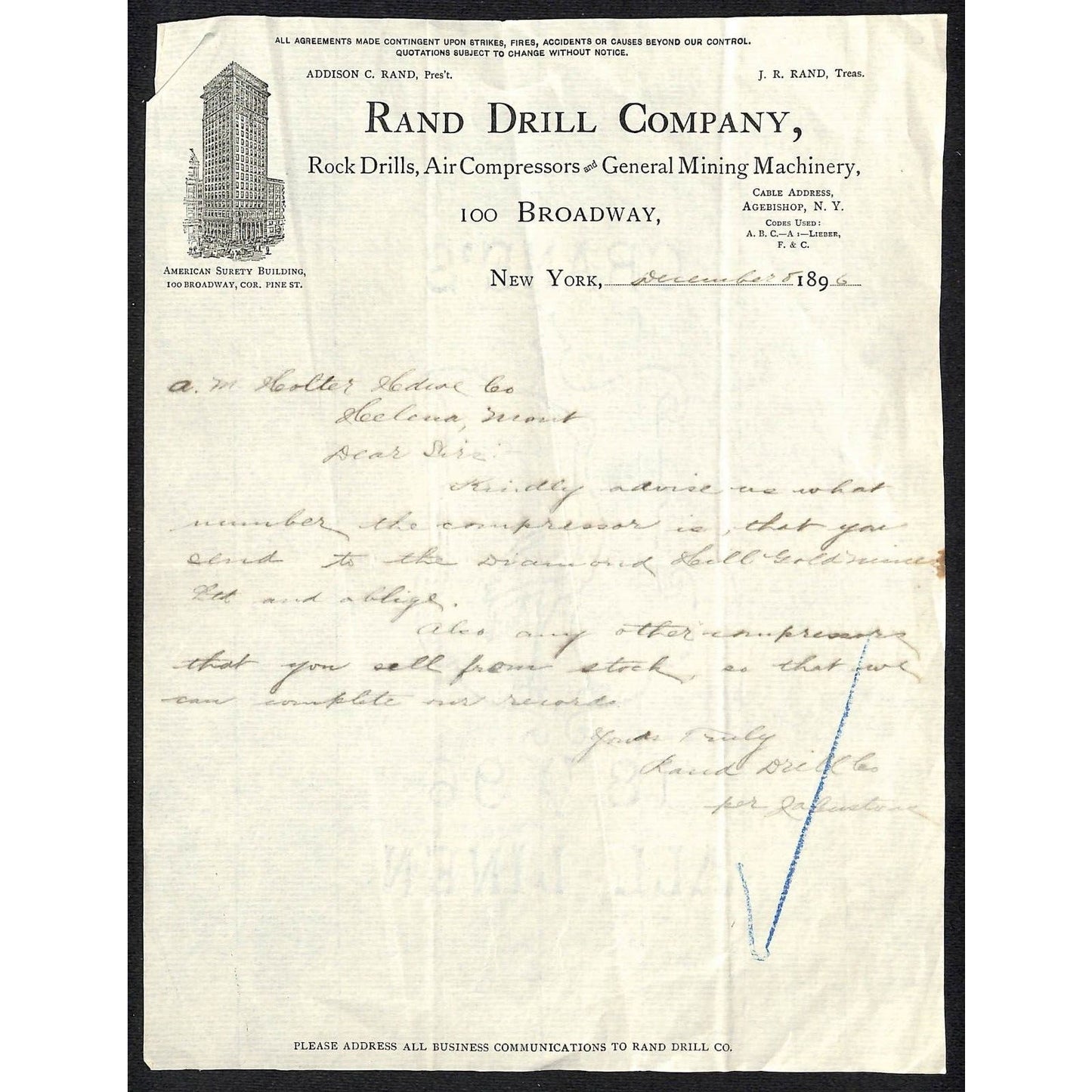 New York 100 Broadway 1896 Rand Drill Co. Letterhead Mining Machinery Rock Drill