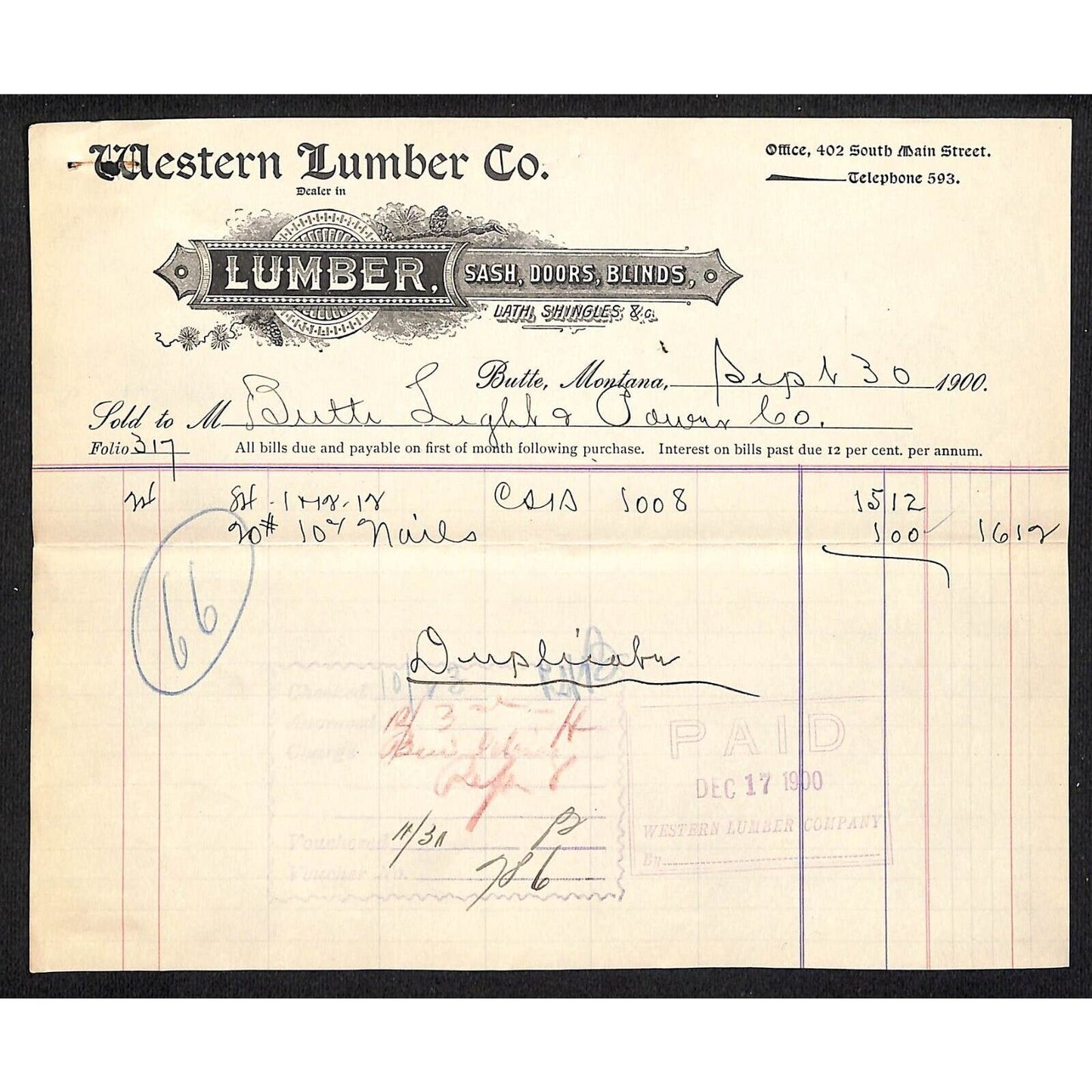 Butte, MT Western Lumber Co. Sash Doors Blinds Shingles Sept. 1900 Billhead