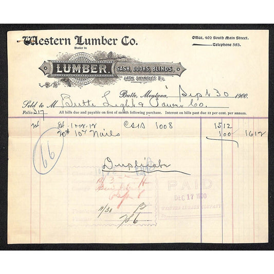 Butte, MT Western Lumber Co. Sash Doors Blinds Shingles Sept. 1900 Billhead