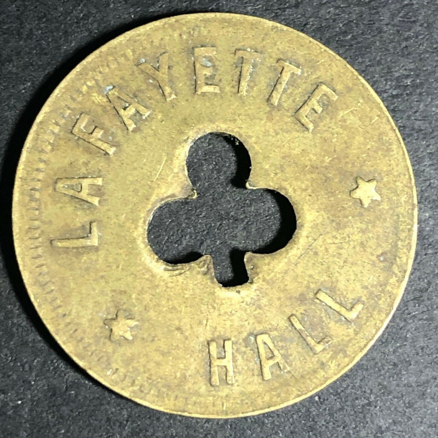 24.5mm Brass Lafayette Hall (Saloon Sacramento, CA) Token Clover Shamrock (#17)