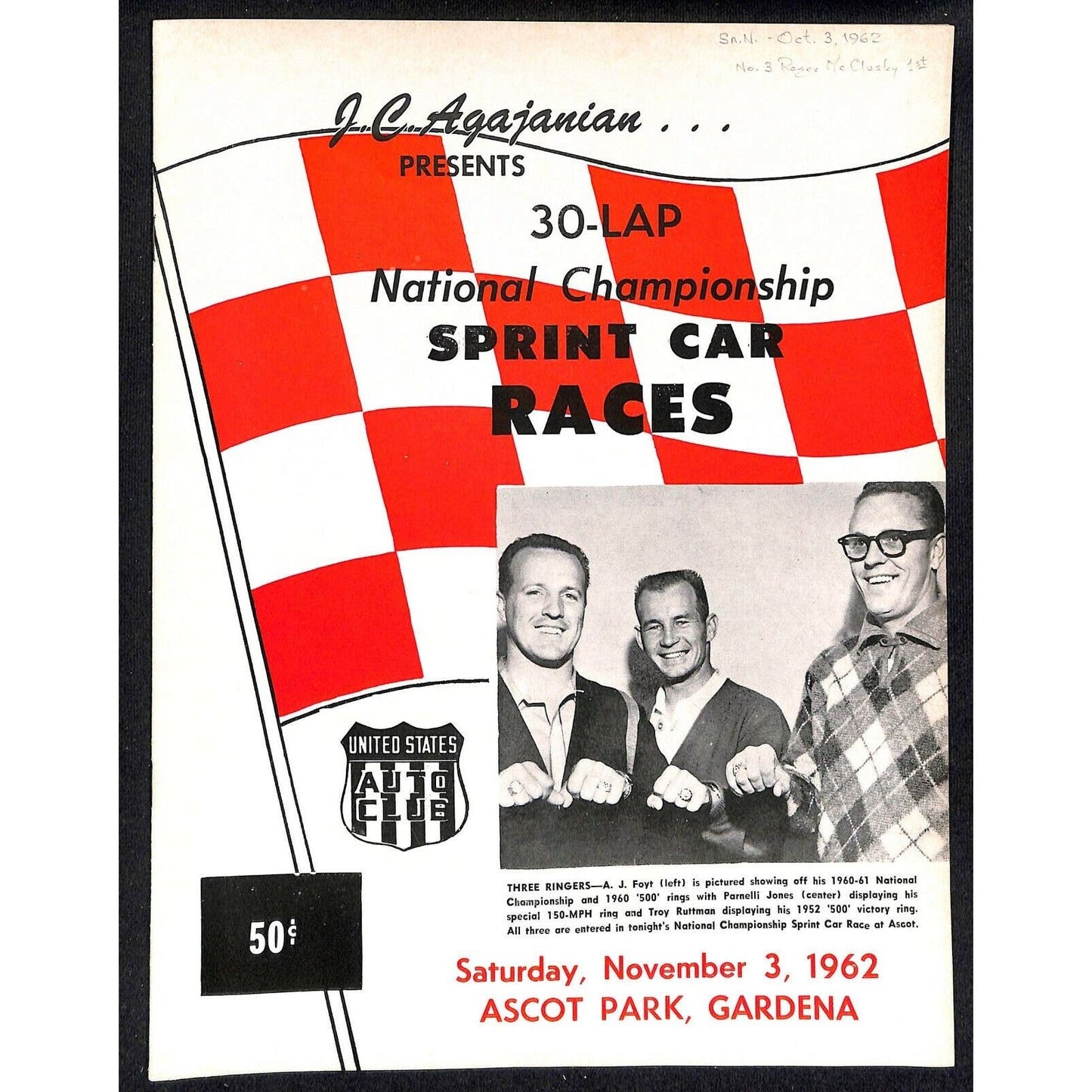 Scarce 11/3 1962 Auto Racing USAC Program Ascot Gardena, CA 16pp Foyt Parnelli