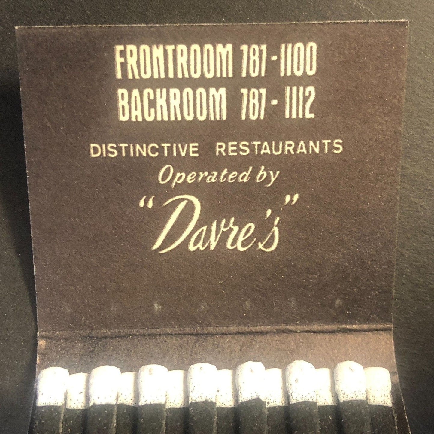 Davre's Front Room / Back Room Restaurants Vintage Full Matchbook c1969 Scarce