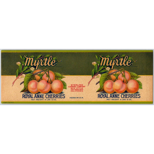 Myrtle Royal Anne Cherries Paper Can Label Sterling Canning Co. c1940's Scarce