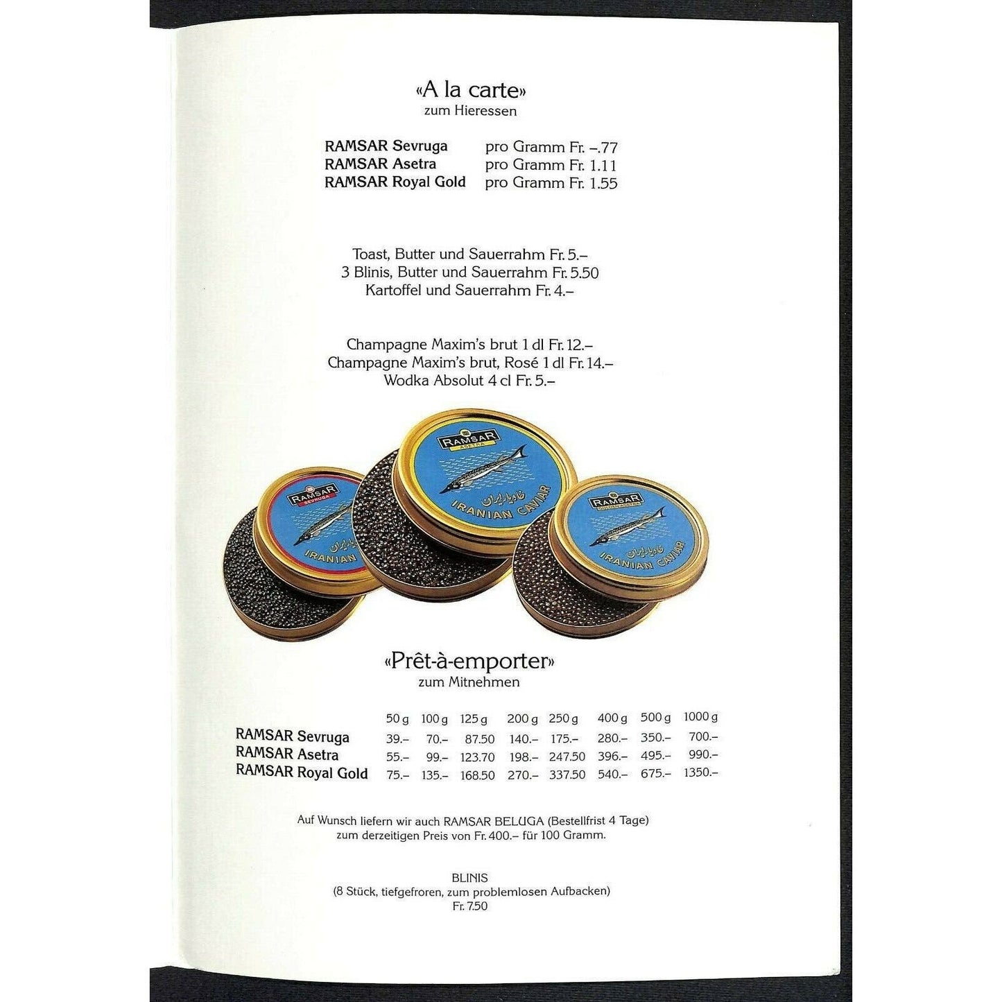 Hotel Schweizerhof Zurich La Boutique du Caviar Menu Ramsar c1990
