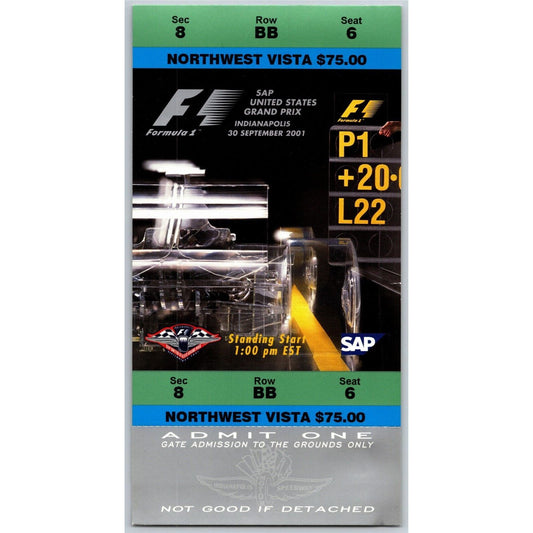 2001 Indianapolis Formula One Grand Prix Racing Unused Ticket 9/30 VGC - Seat 6