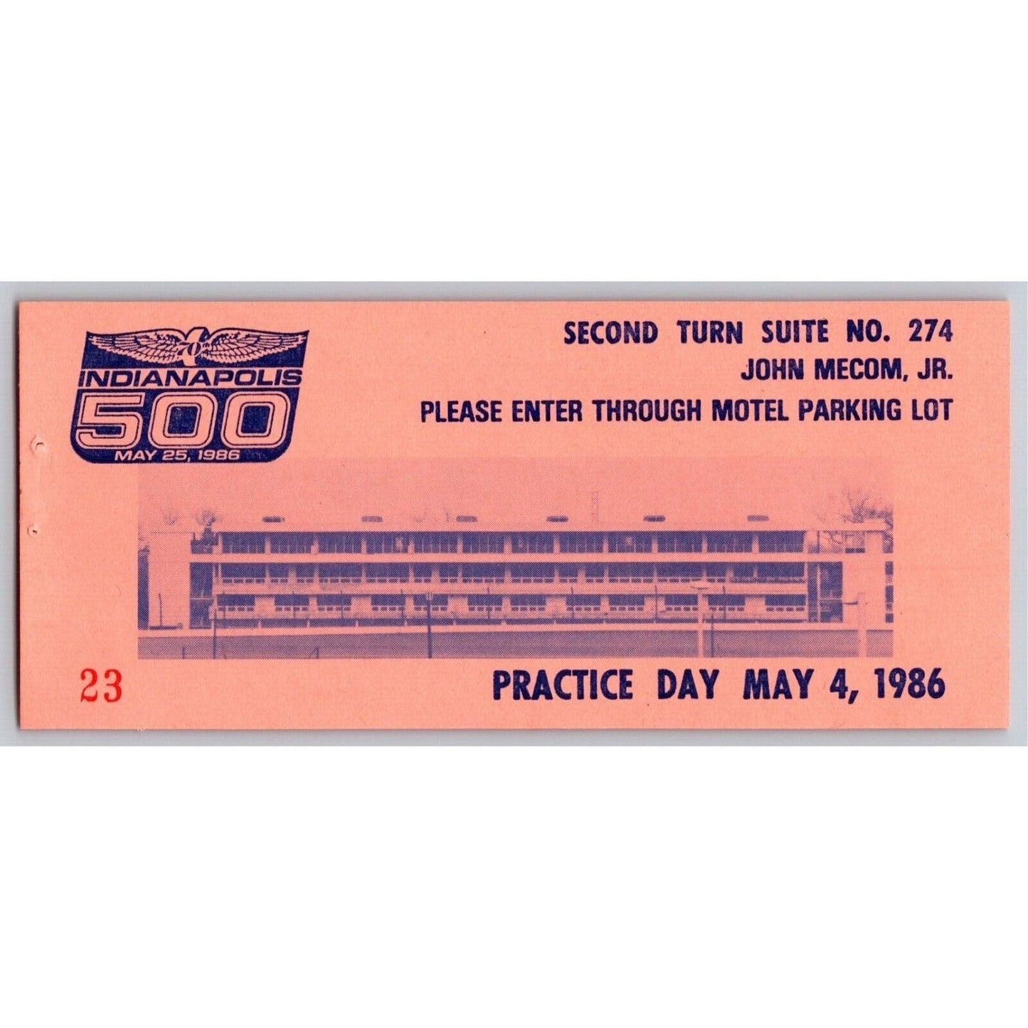1986 Indy 500 VIP 2nd Turn Suites Practice Day Ticket Stub Indianapolis IMS #23