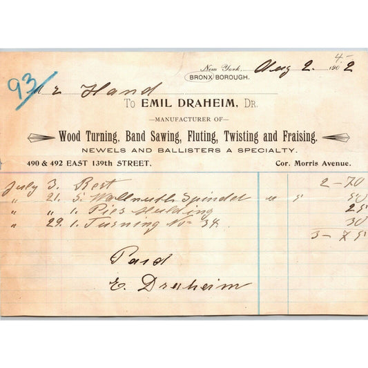 1902 Bronx, NY Letterhead Emil Draheim Wood Turning Band Sawing Fluting Twisting