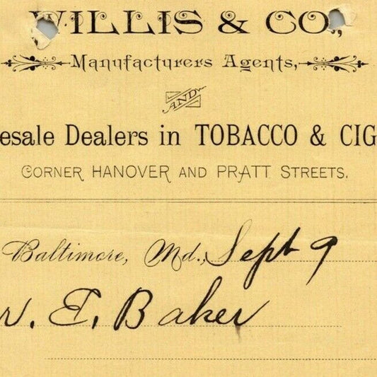 1896 Letterhead Billhead Receipt Willis & Co. Tobacco Baltimore Ephraim Baker*
