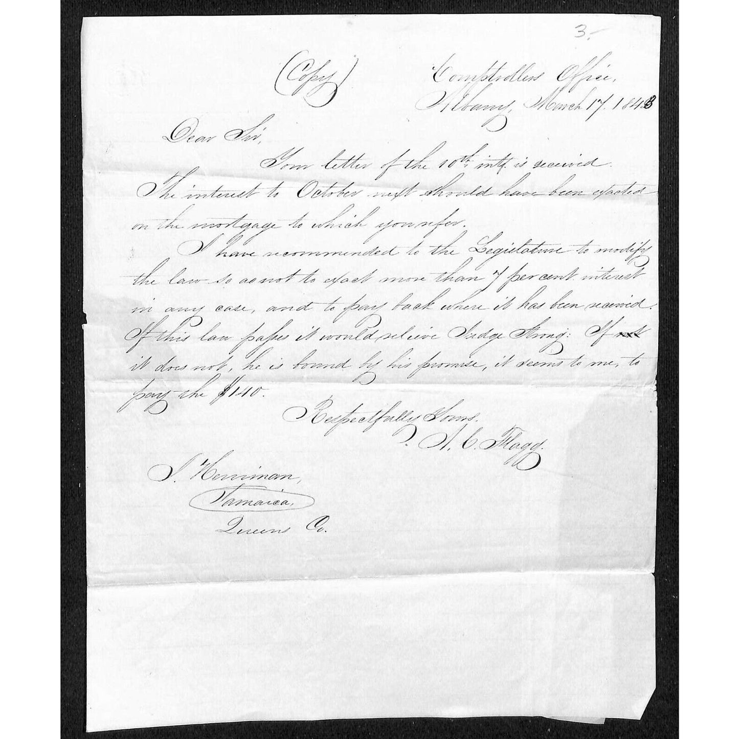 1848 ALS From Jamaica, Queens to Comptroller Albany, NY re: Mortgage / Promise