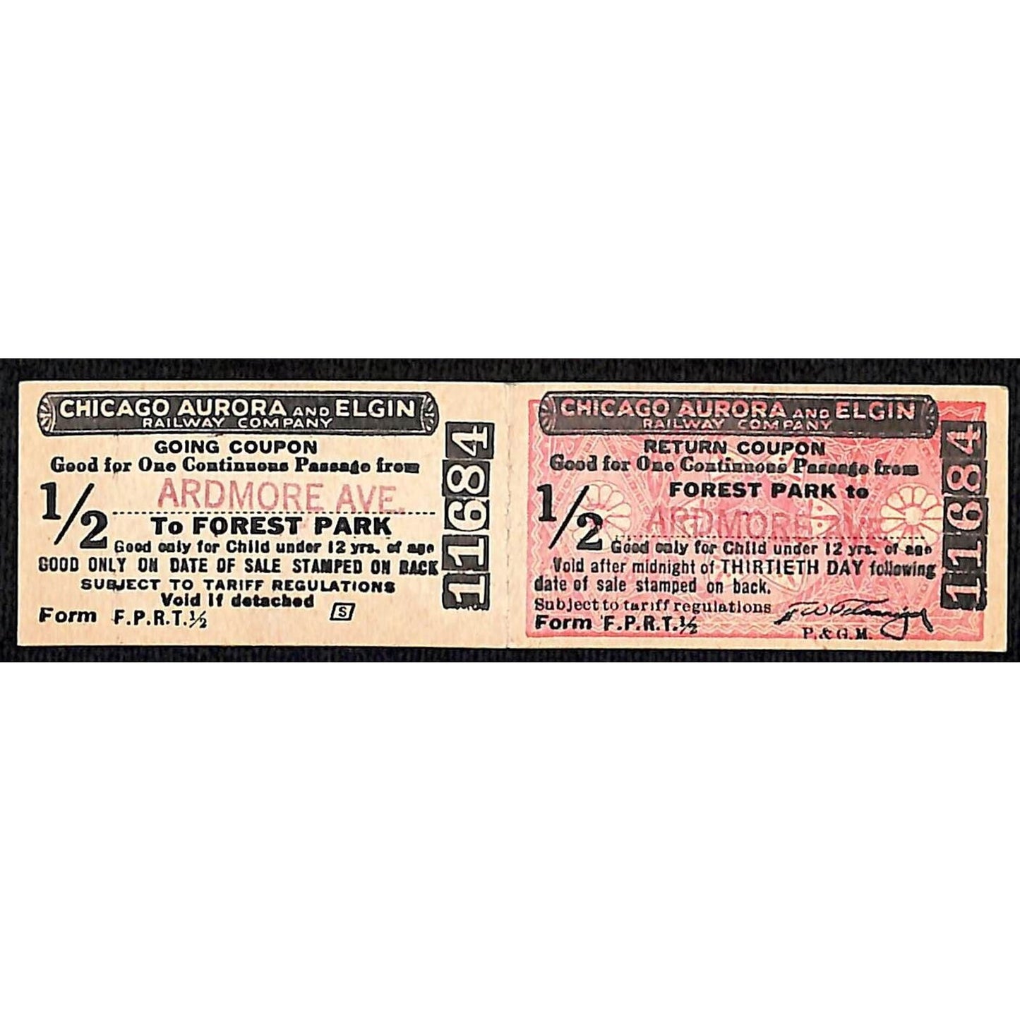 Chicago Aurora and Elgin 1902-57 2-way Attached Tickets Forest Park Ardmore Ave.