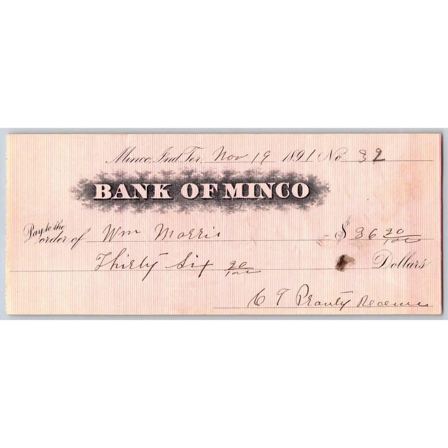 Minco, OK 1891 Indian Territory "Bank of Minco" $36.20 Check - Scarce