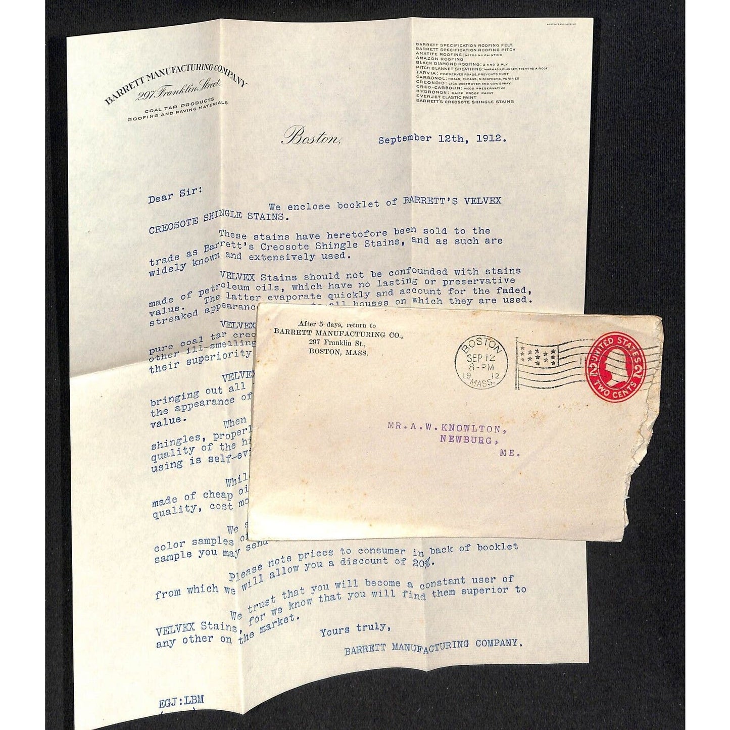 Newburgh ME Amos W. Knowlton* Boston 1912 Barrett Manufacturing Letterhead