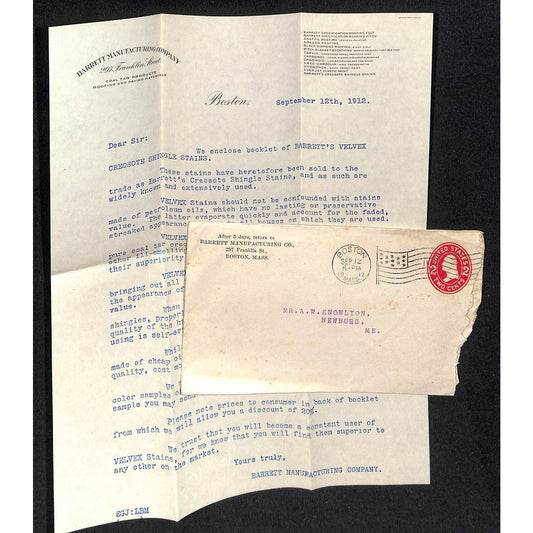 Newburgh ME Amos W. Knowlton* Boston 1912 Barrett Manufacturing Letterhead