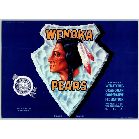 Wenoka Pears Vintage Original Paper Fruit Crate Label Native American Wenatchee