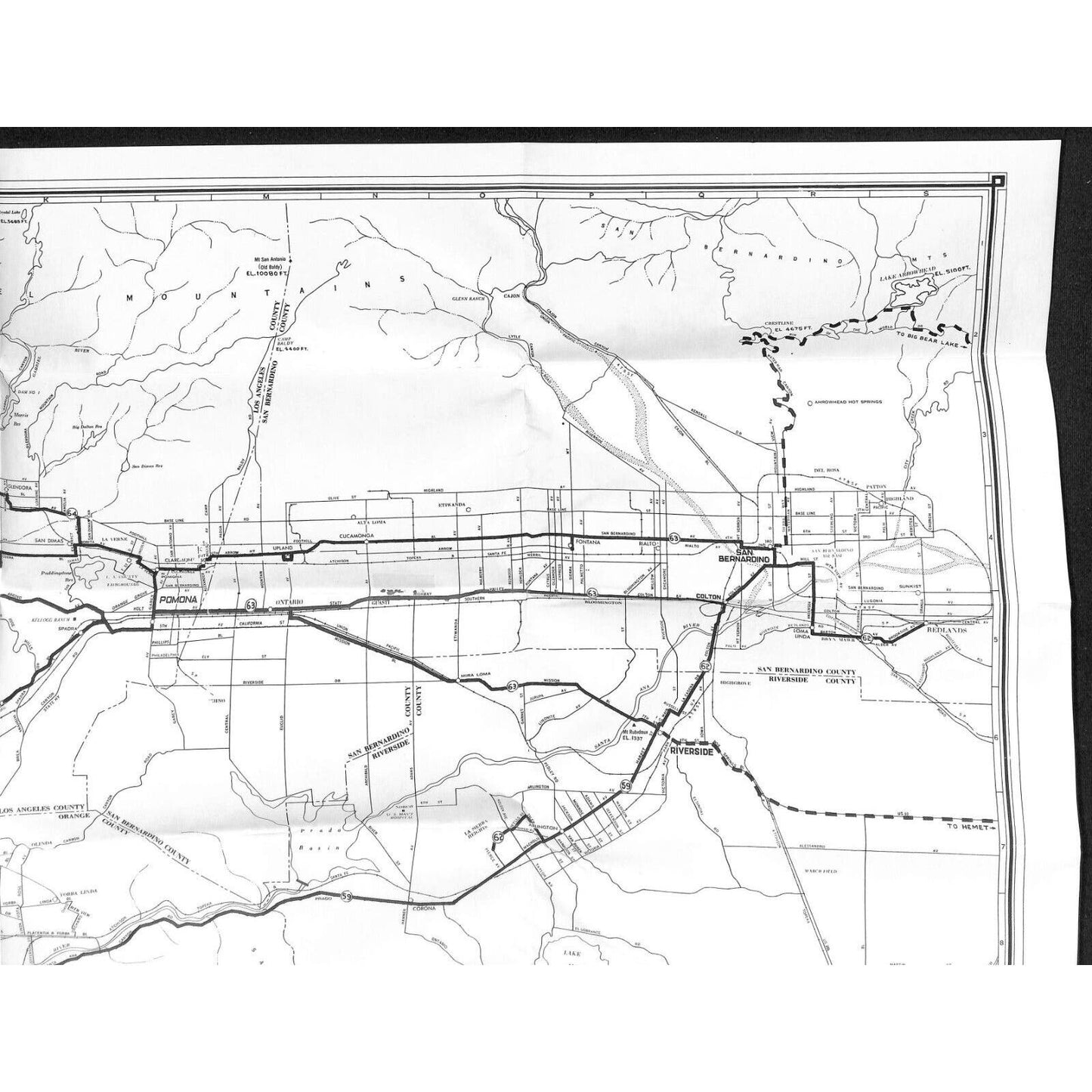 1954 Metropolitan Coach Lines Los Angeles Guide Map 21 1/2" x 33 1/2" VGC