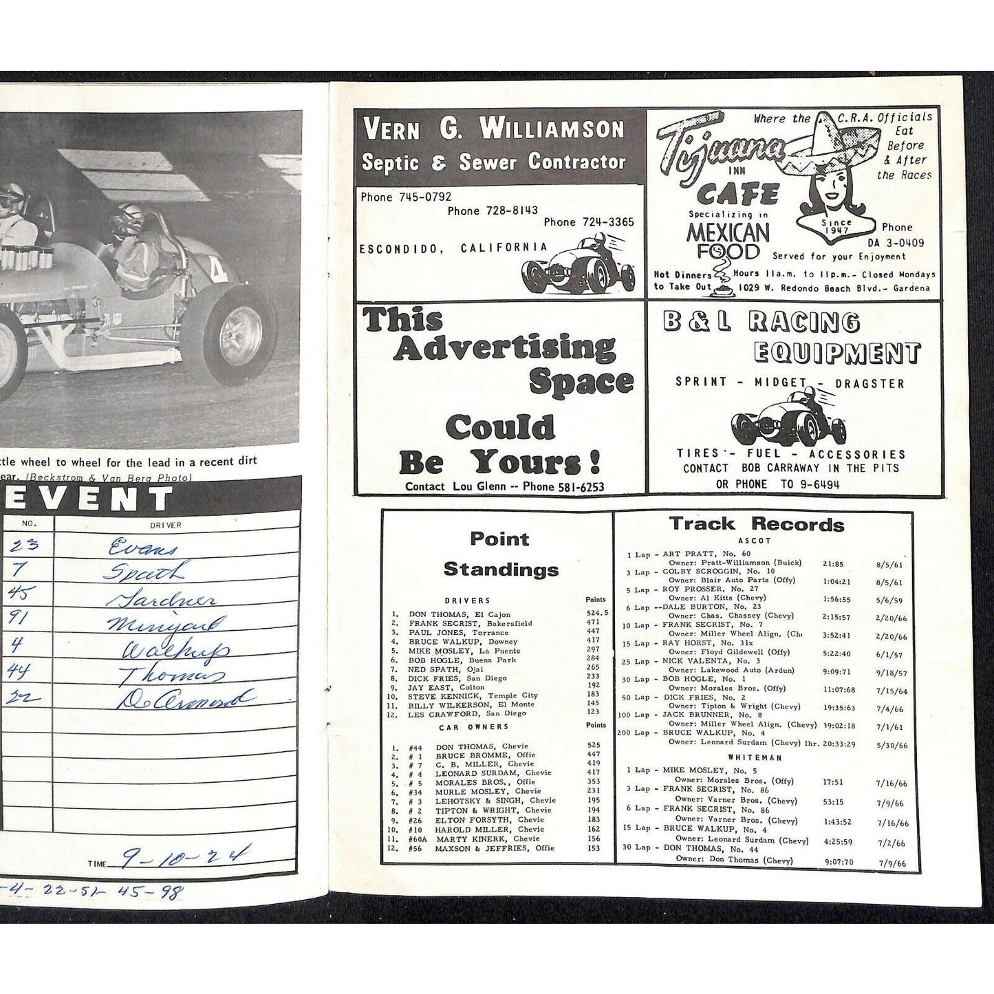 Scarce 7/23 1966 Sprint Car Auto Racing CRA Program Whiteman Speedway 16pp.