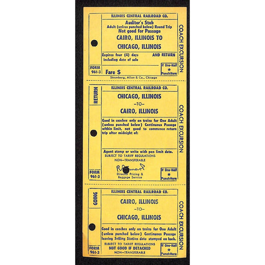Illinois Central Railroad Unnumbered Coach Excursion SAMPLE Ticket to Cairo