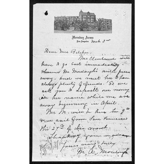Hershey Arms (Hotel) La Angeles c1915 Billhead Letterhead Stationary ALS Scarce