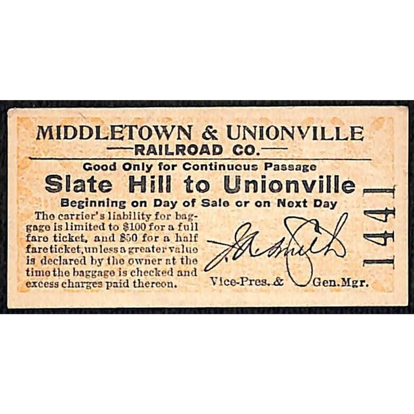 Middletown & Unionville Railroad M&U (1913 - 1946) Ticket "Slate Hill to" #1441