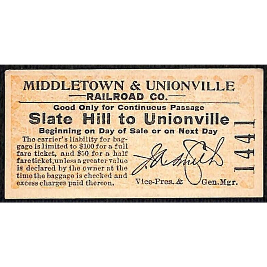 Middletown & Unionville Railroad M&U (1913 - 1946) Ticket "Slate Hill to" #1441